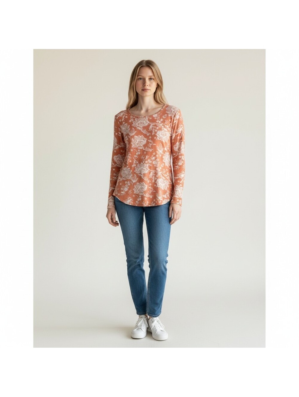 Cupio T-Shirt Women L Large Brown Floral Long Sleeve Round Neck Casual Pullover